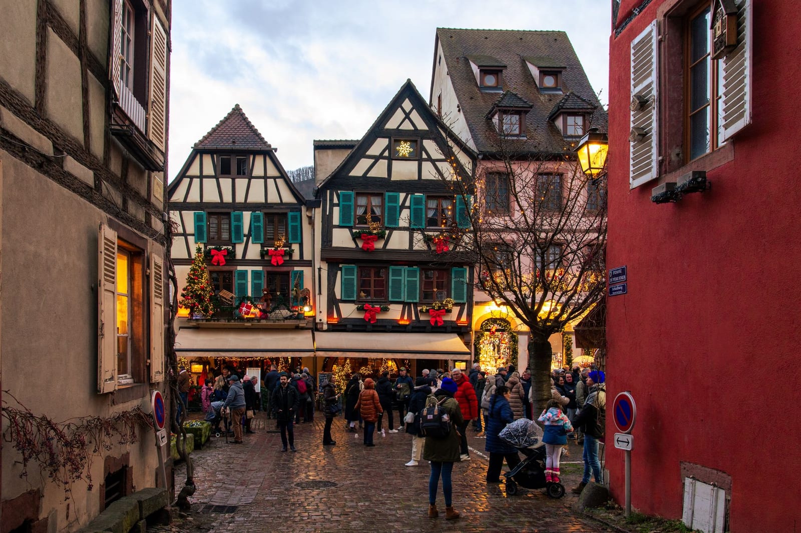 Ruelle alsacienne aux maisons à colombages décorées de sapins et de nœuds rouges pendant les marchés de Noël